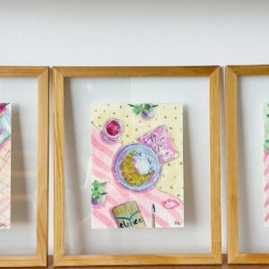 Aquarela Croissant e Clarice / quadro sanduíche de vidro 32 x 38 cm