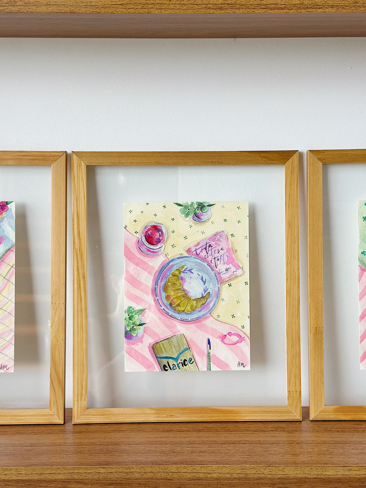 Aquarela Croissant e Clarice / quadro sanduíche de vidro 32 x 38 cm