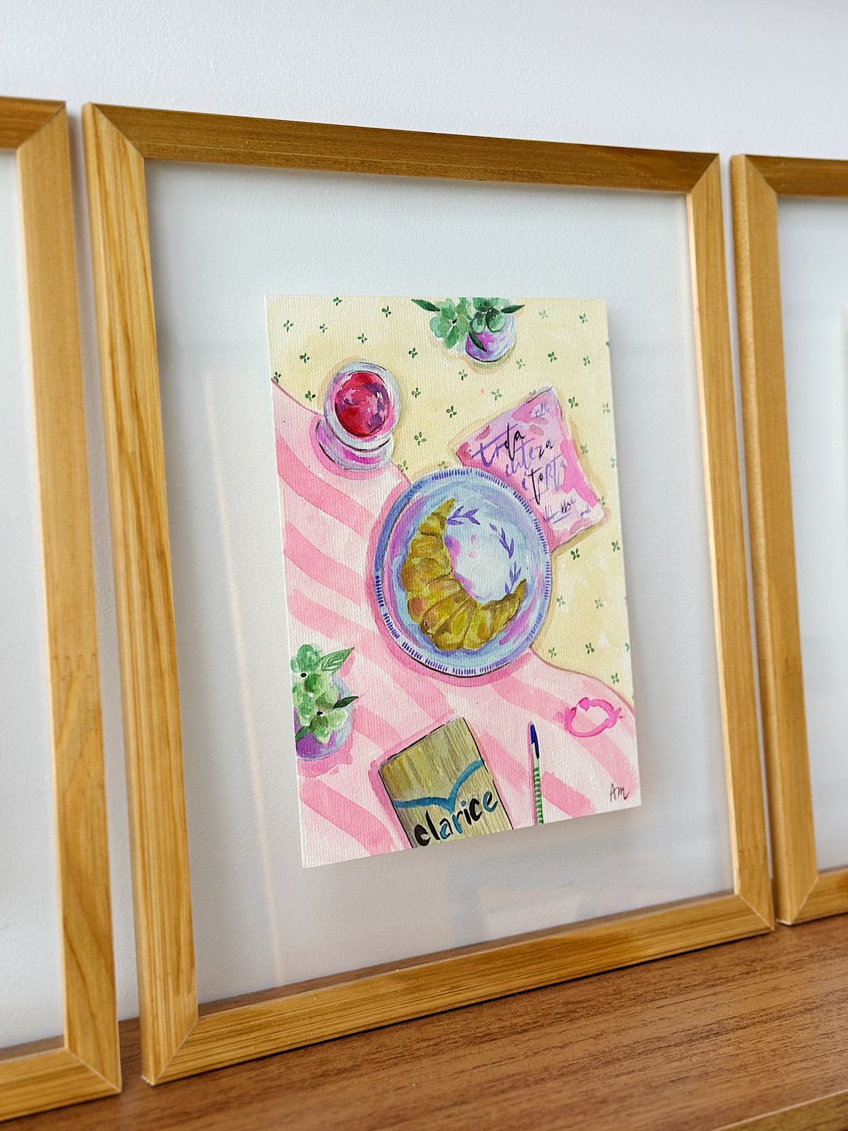 Aquarela Croissant e Clarice / quadro sanduíche de vidro 32 x 38 cm - Imagem 3