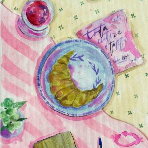 Aquarela Croissant e Clarice / quadro sanduíche de vidro 32 x 38 cm