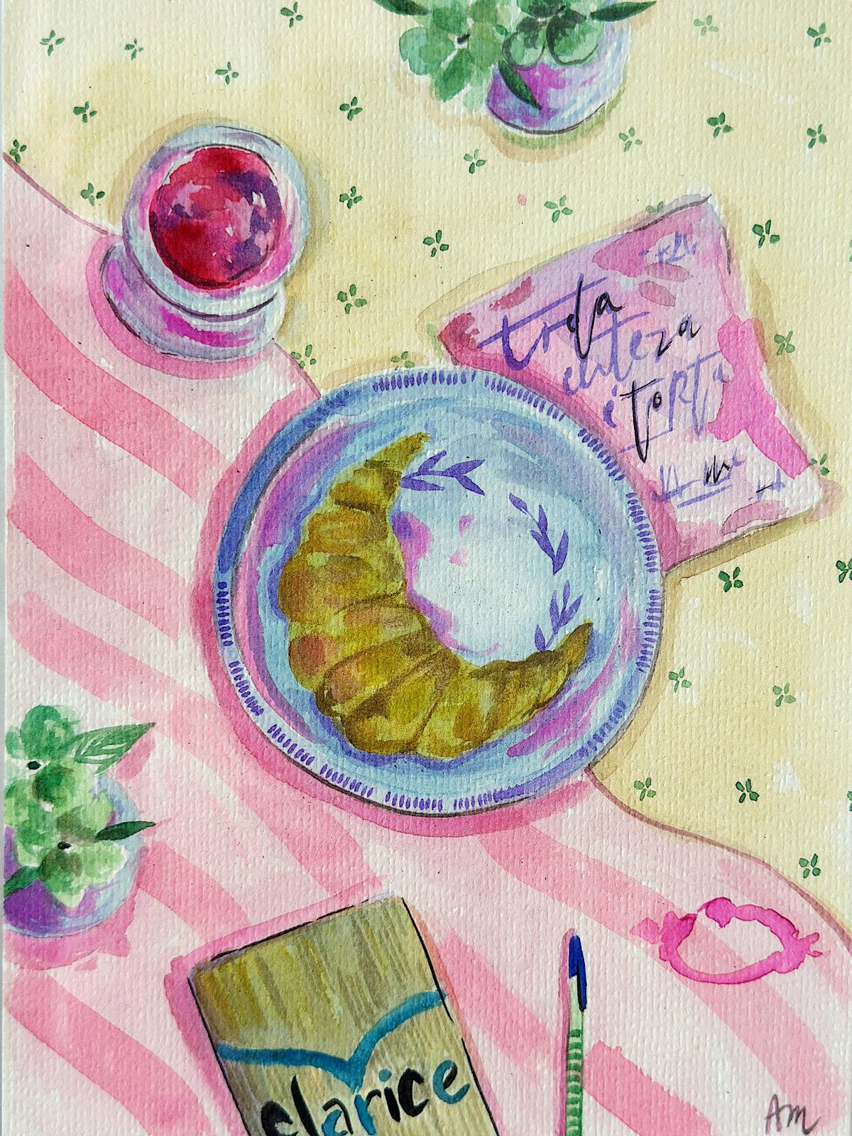 Aquarela Croissant e Clarice / quadro sanduíche de vidro 32 x 38 cm - Imagem 2